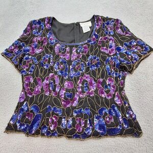Papell Boutique Evening Top Womens 1X Purple Blue‎ Silk Sequin Beaded Floral Y2K